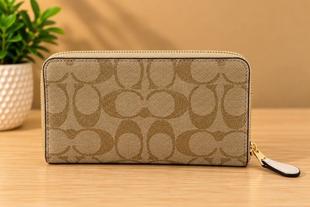 NWT Coach Medium Zip Around Wallet Signature Canvas Light Khaki/ Size Medium